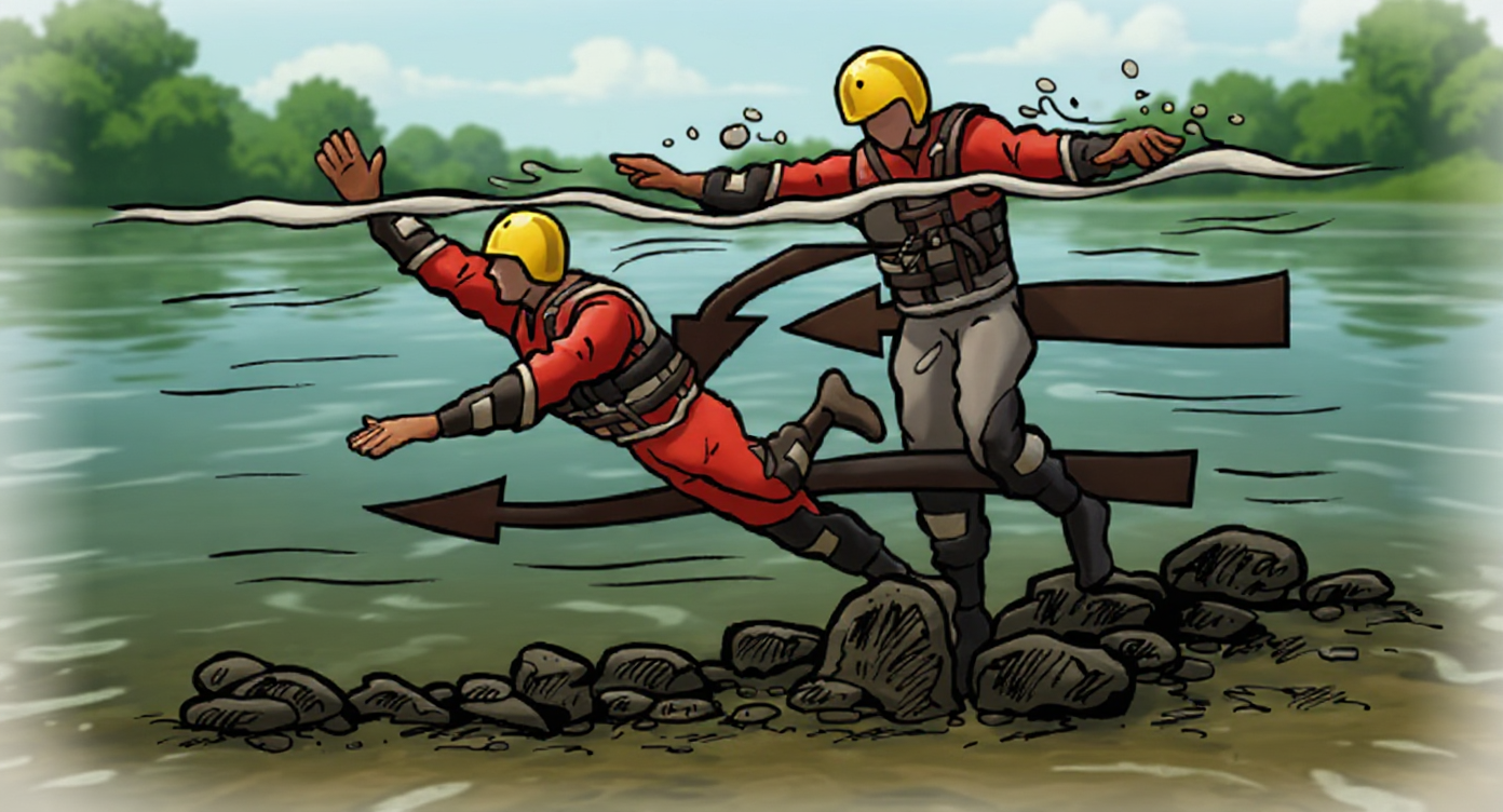 Interdiction de marcher au fond de la rivière lorsque le courant est puissant. Le risque de coincement entre 2 rochers ou avec des branches, objet métallique... est présent. En cas de coincement le nageur se retrouve plaqué au fond de la rivière...